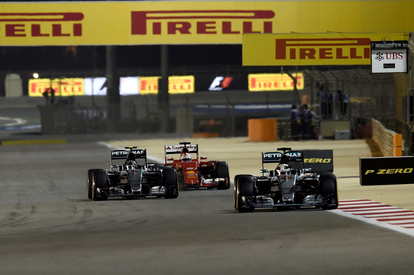 Lewis Hamilton (GBR) Mercedes AMG F1 W06 leads Nico Rosberg (GER) Mercedes AMG F1 W06 and Sebastian