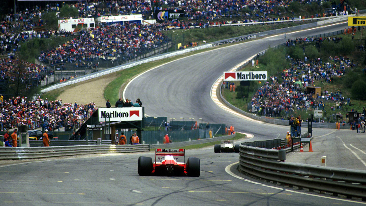 Winner Alain Prost(FRA) Mclaren MP4-3 approaches Eau Rouge  Belgian GP, Spa, 17 May 1987