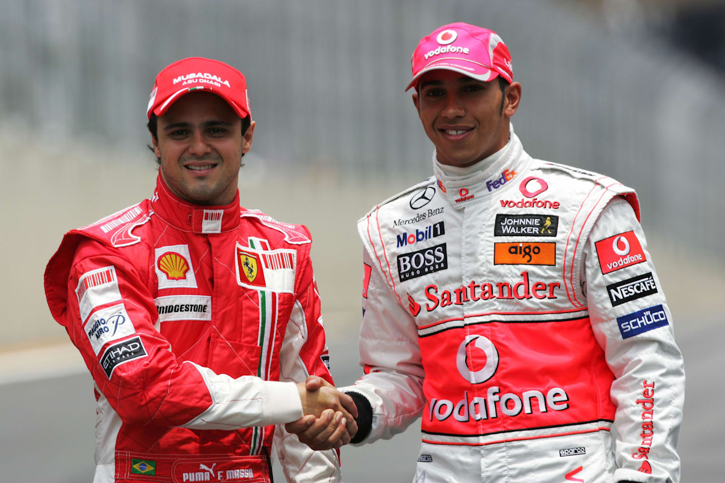 (L to R): Title rivals Felipe Massa (BRA) Ferrari and Lewis Hamilton (GBR) McLaren.  Formula One