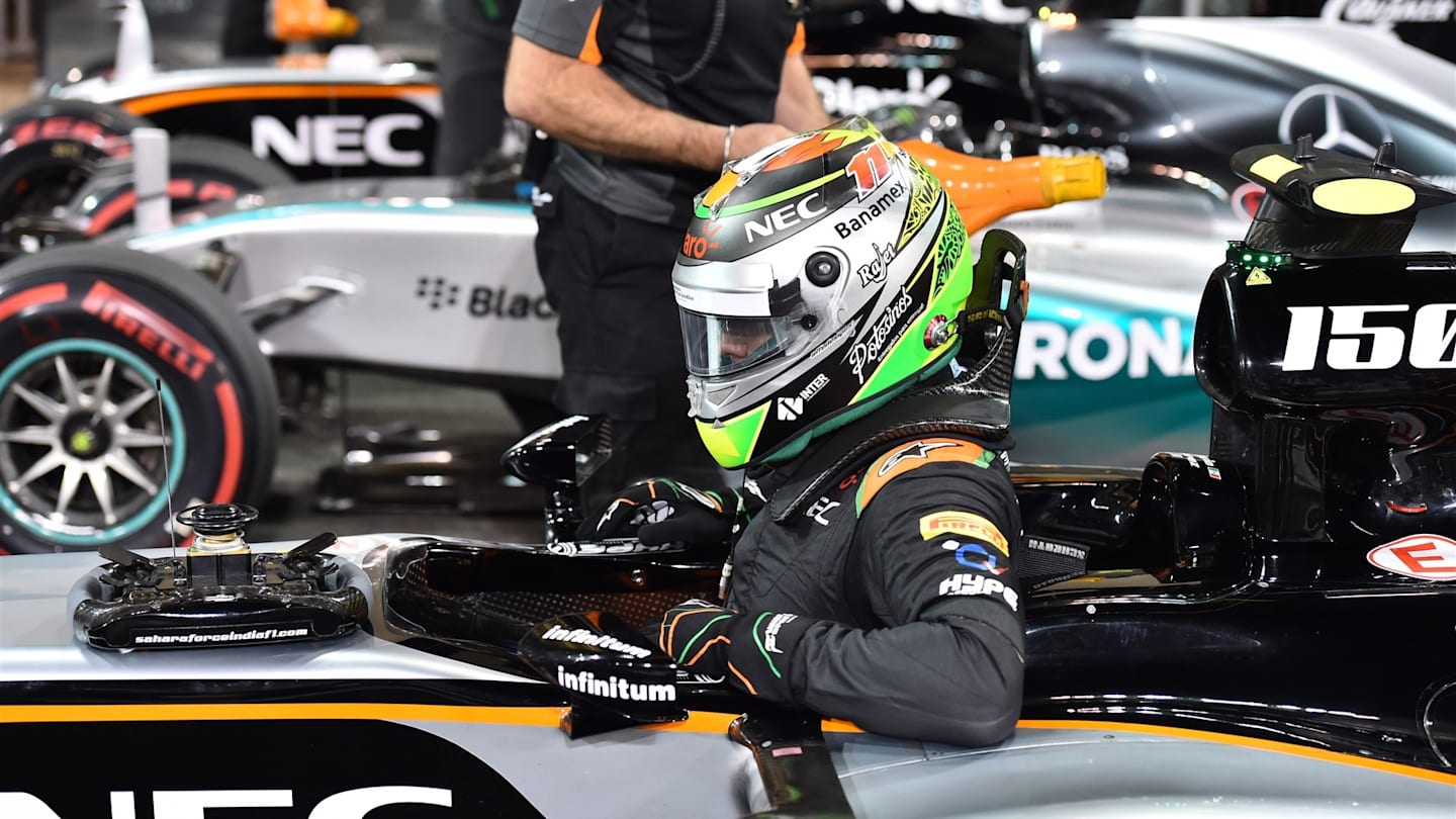 Sergio Perez (MEX) Force India VJM08 in parc ferme at Formula One World Championship, Rd19, Abu