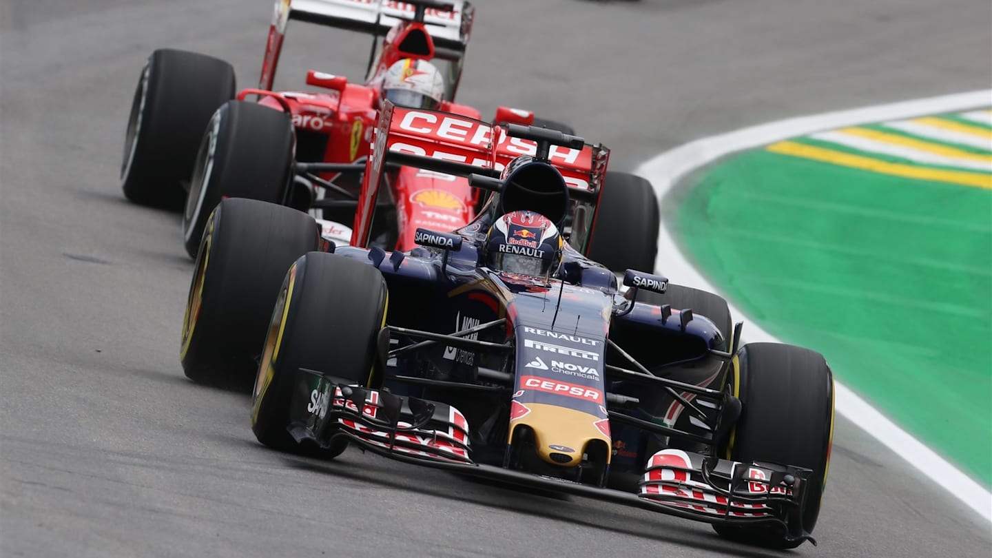 Max Verstappen (NDL) Scuderia Toro Rosso STR10 and Sebastian Vettel (GER) Ferrari SF15-T at Formula