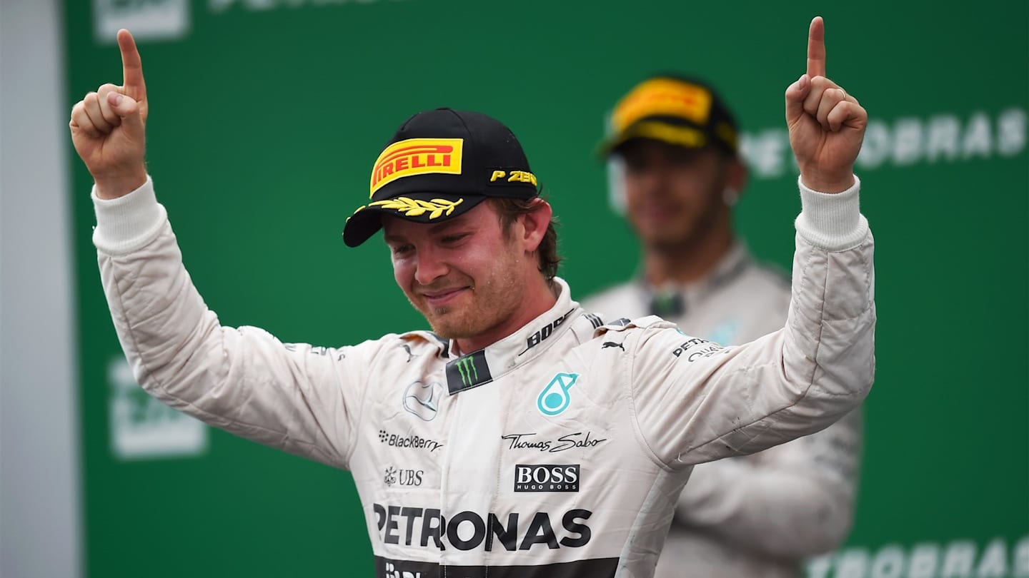 Race winner Nico Rosberg (GER) Mercedes AMG F1 celebrates on the podium at Formula One World