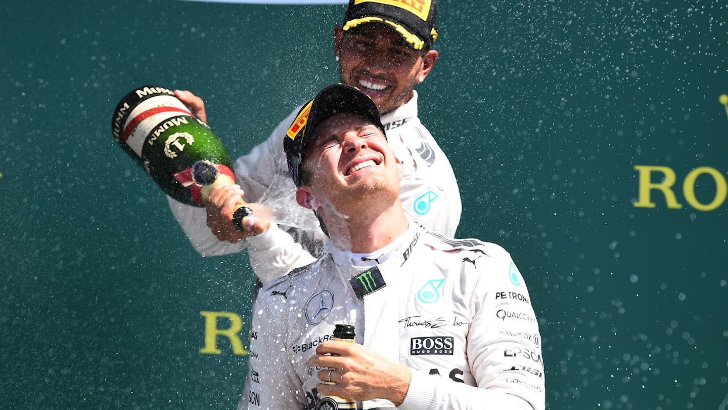 Race winner Lewis Hamilton (GBR) Mercedes AMG F1 and Nico Rosberg (GER) Mercedes AMG F1 celebrate