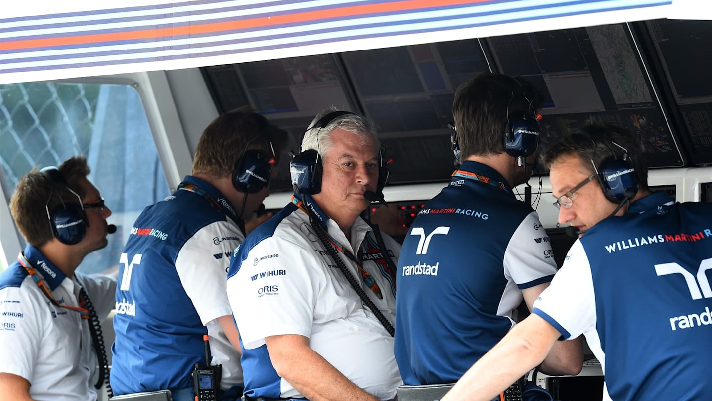 Pat Symonds (GBR) Williams Technical Director on the Williams pit wall gantry at Formula One World