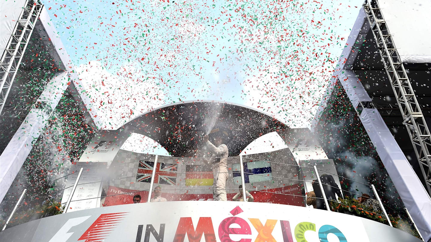 Race winner Nico Rosberg (GER) Mercedes AMG F1 celebrates on the podium at Formula One World Championship, Rd17, Mexican Grand Prix, Race, Circuit Hermanos Rodriguez, Mexico City, Mexico, Sunday 1  November 2015. © Sutton Motorsport Images