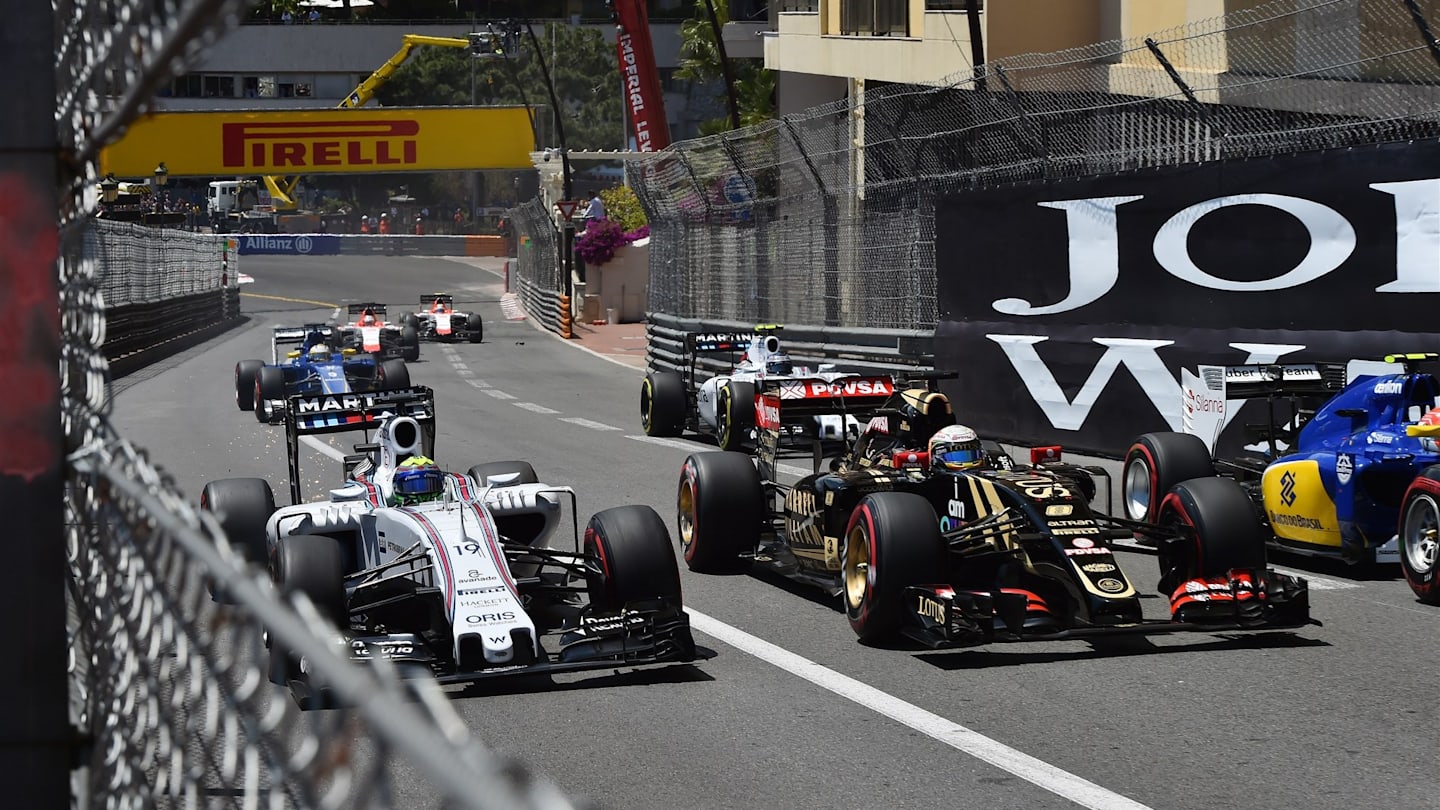 Felipe Massa (BRA) Williams FW37, Romain Grosjean (FRA) Lotus E23 Hybrid and Felipe Nasr (BRA) Sauber C34 battle at the start of the race at Formula One World Championship, Rd6, Monaco Grand Prix Race, Monte-Carlo, Monaco, Sunday 24 May 2015. © Sutton Motorsport Images