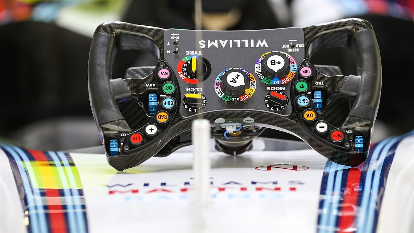 Williams FW37 steering wheel detail at Formula One World Championship, Rd15, Russian Grand Prix,