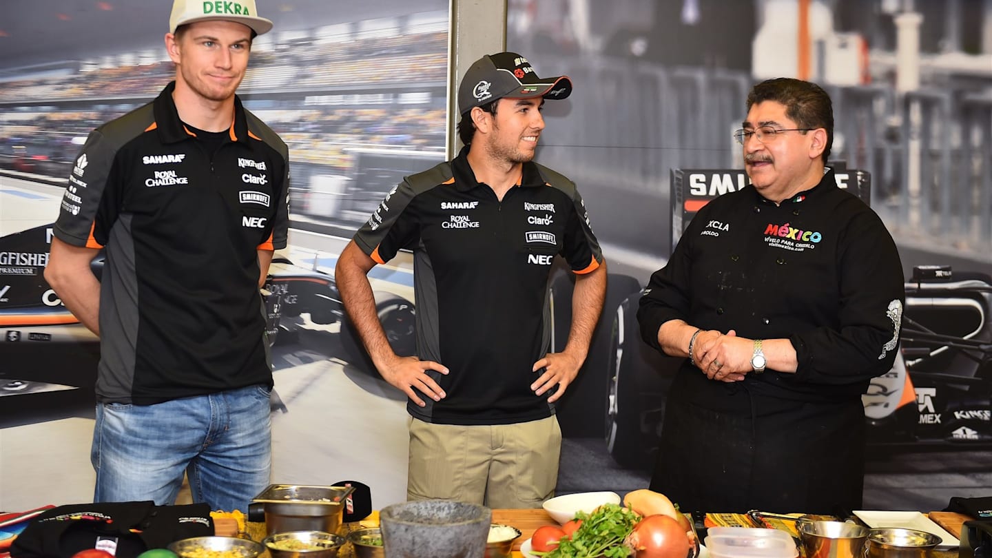 Sergio Perez (MEX) Force India and Nico Hulkenberg (GER) Force India F1 at The Taste of Mexico in