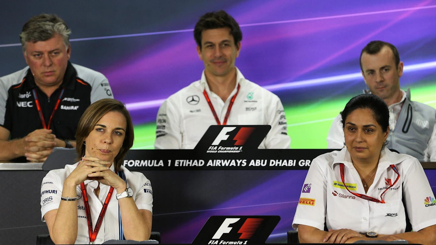 (L to R): Otmar Szafnauer (USA) Force India Formula One Team Chief Operating Officer, Toto Wolff (AUT) Mercedes AMG F1 Director of Motorsport, Stephen Fitzpatrick (GBR) Manor Racing Team Owner, Claire Williams (GBR) Williams Deputy Team Principal and Monisha Kaltenborn (AUT) Sauber Team Prinicpal in the Press Conference at Formula One World Championship, Rd21, Abu Dhabi Grand Prix, Practice, Yas Marina Circuit, Abu Dhabi, UAE, Friday 25 November 2016. © Sutton Images