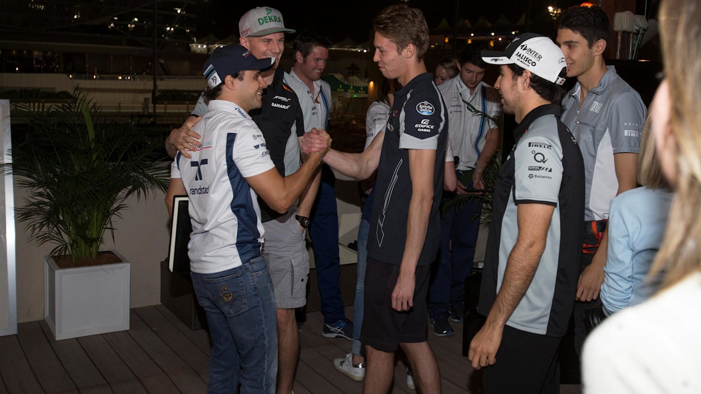 Felipe Massa (BRA) Williams with Nico Hulkenberg (GER) Force India F1, Daniil Kvyat (RUS) Scuderia Toro Rosso, Sergio Perez (MEX) Force India and Esteban Ocon (FRA) Manor Racing on the occasion of the last Grand Prix of Felipe Massa (BRA) Williams at Formula One World Championship, Rd21, Abu Dhabi Grand Prix, Qualifying, Yas Marina Circuit, Abu Dhabi, UAE, Saturday 26 November 2016. © Sutton Images