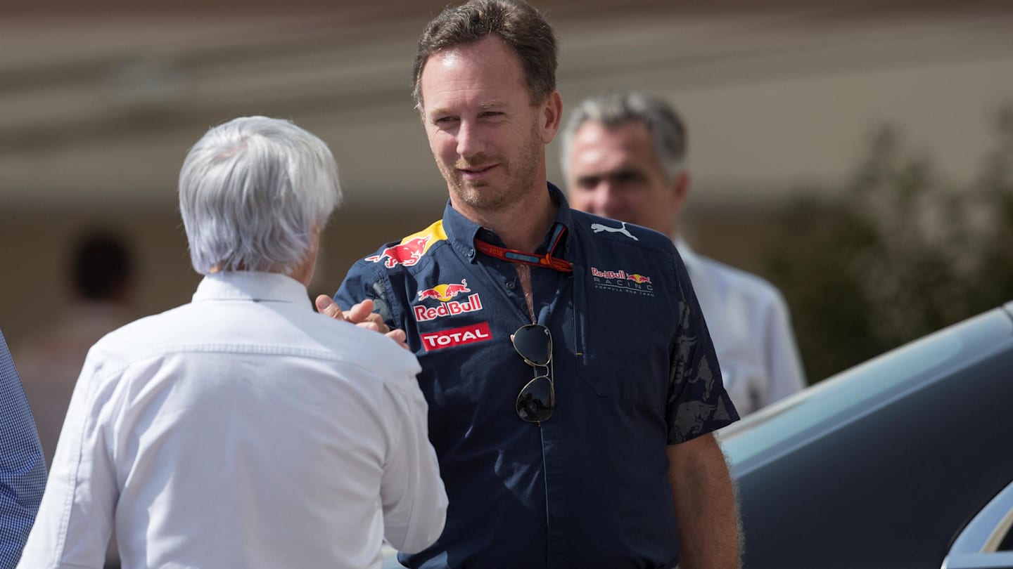 Bernie Ecclestone (GBR) CEO Formula One Group (FOM) and Christian Horner (GBR) Red Bull Racing Team Principal at Formula One World Championship, Rd21, Abu Dhabi Grand Prix, Qualifying, Yas Marina Circuit, Abu Dhabi, UAE, Saturday 26 November 2016. © Sutton Images