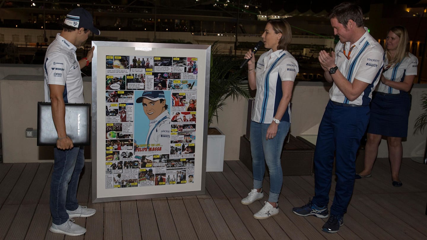 Claire Williams (GBR) Williams Deputy Team Principal and Rob Smedley (GBR) Williams Head of Vehicle Performance on the occasion of the last Grand Prix of Felipe Massa (BRA) Williams at Formula One World Championship, Rd21, Abu Dhabi Grand Prix, Qualifying, Yas Marina Circuit, Abu Dhabi, UAE, Saturday 26 November 2016. © Sutton Images