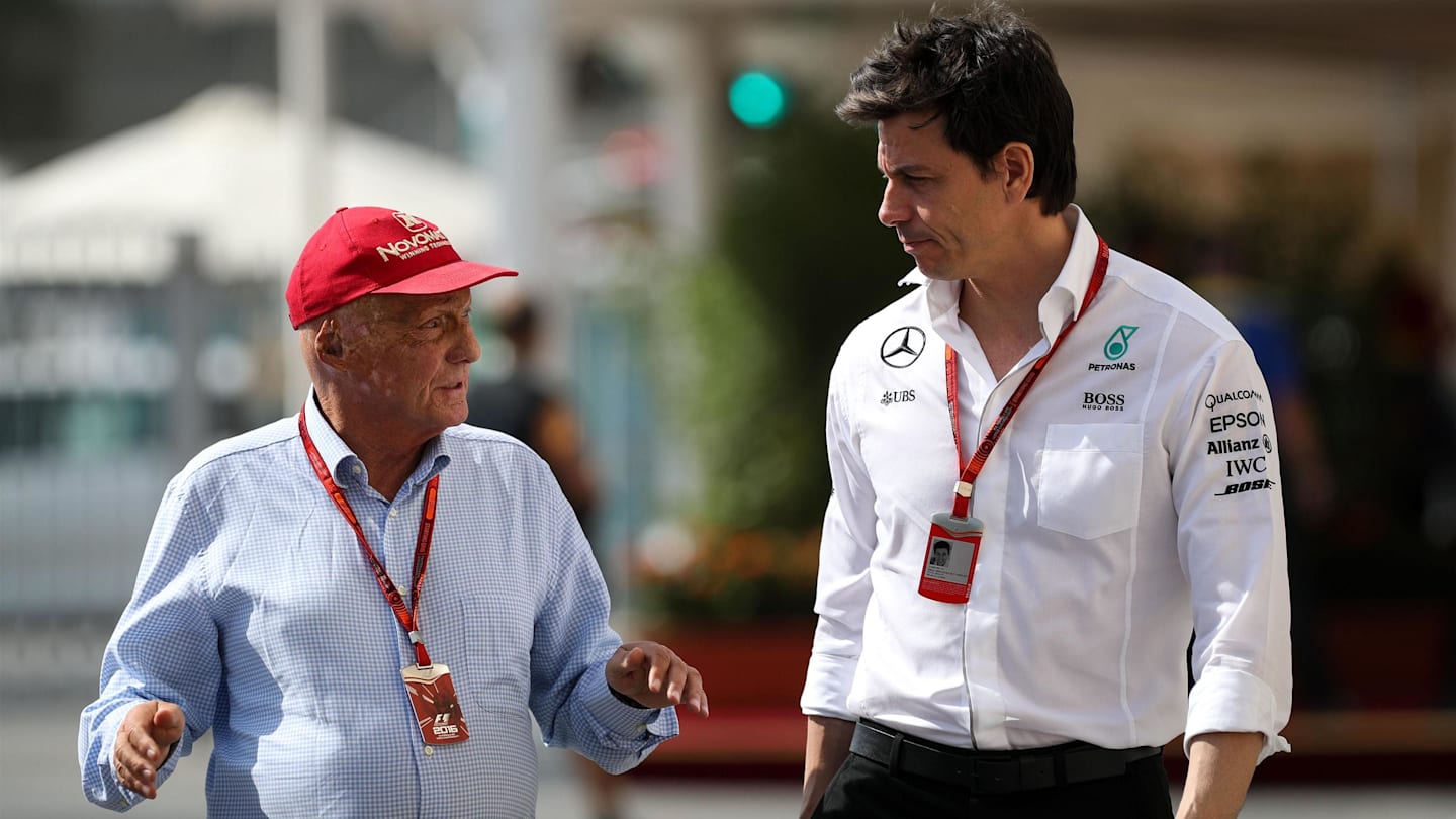 Niki Lauda (AUT) Mercedes AMG F1 Non-Executive Chairman and Toto Wolff (AUT) Mercedes AMG F1 Director of Motorsport at Formula One World Championship, Rd21, Abu Dhabi Grand Prix, Qualifying, Yas Marina Circuit, Abu Dhabi, UAE, Saturday 26 November 2016. © Sutton Images