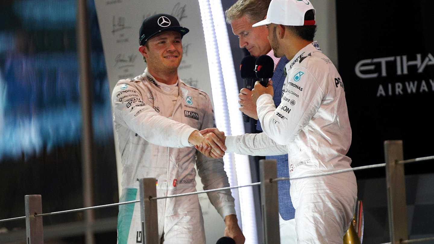 World Champion Nico Rosberg (GER) Mercedes AMG F1 and race winner Lewis Hamilton (GBR) Mercedes AMG