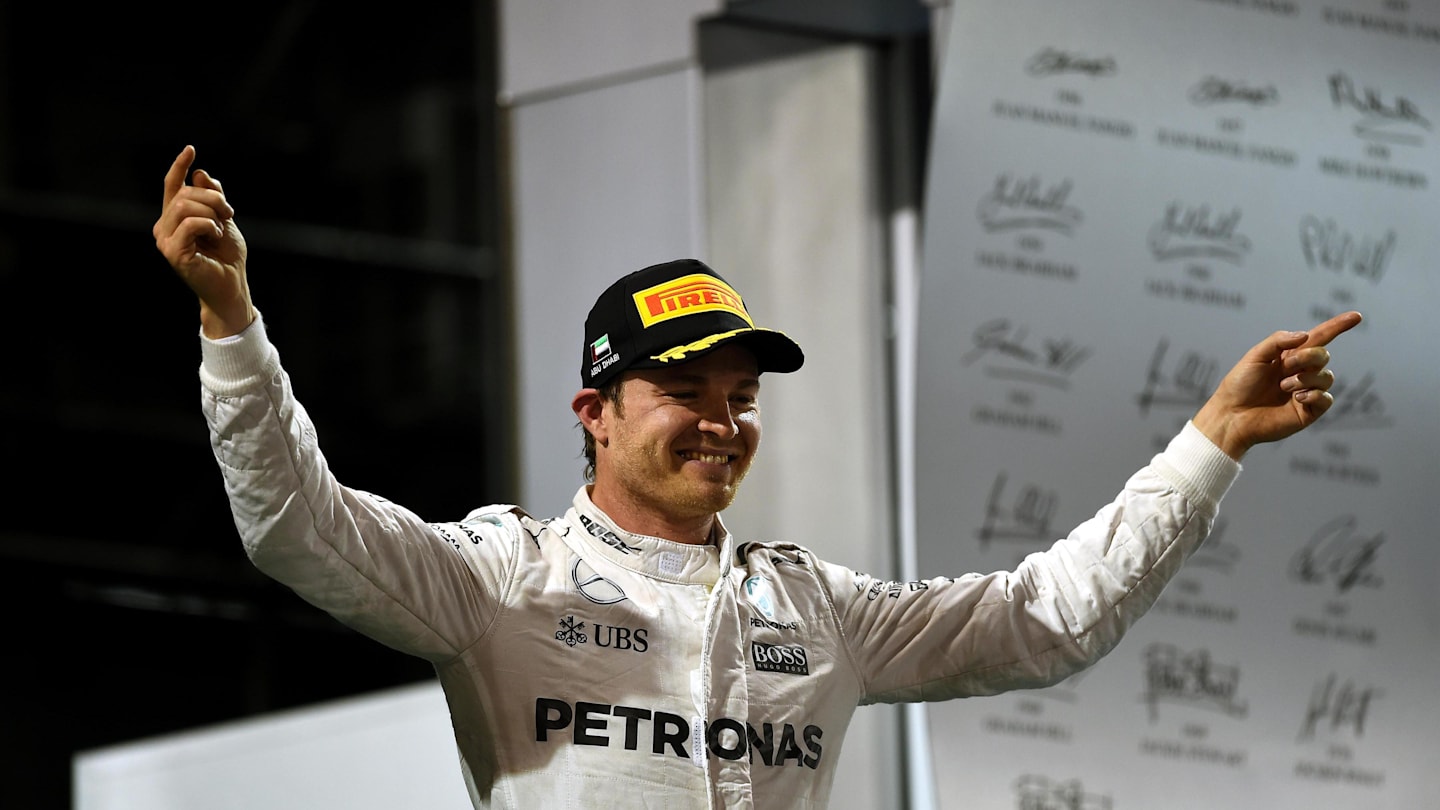 New World Champion Nico Rosberg (GER) Mercedes AMG F1 celebrates on the podium at Formula One World Championship, Rd21, Abu Dhabi Grand Prix, Race, Yas Marina Circuit, Abu Dhabi, UAE, Sunday 27 November 2016. © Sutton Images