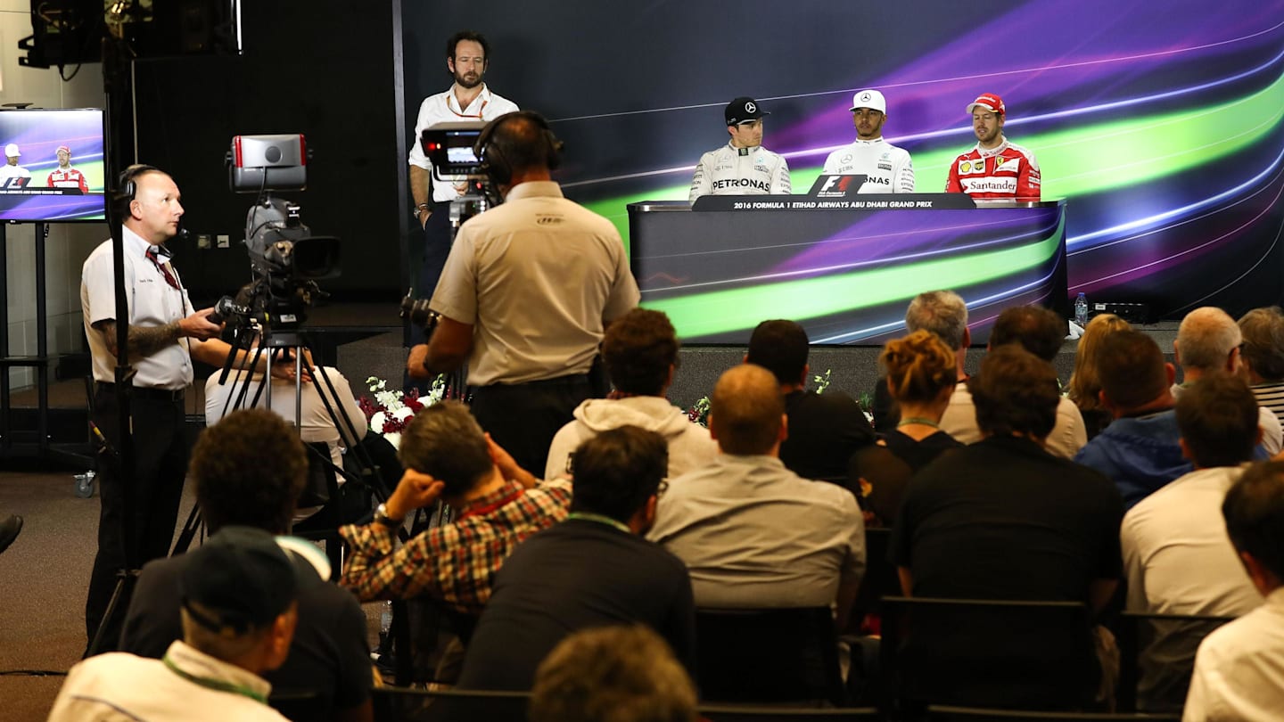 Matteo Bonciani (ITA) FIA Media Delegate, World Champion Nico Rosberg (GER) Mercedes AMG F1, race winner Lewis Hamilton (GBR) Mercedes AMG F1 and Sebastian Vettel (GER) Ferrari in the Press Conference at Formula One World Championship, Rd21, Abu Dhabi Grand Prix, Race, Yas Marina Circuit, Abu Dhabi, UAE, Sunday 27 November 2016. © Sutton Images