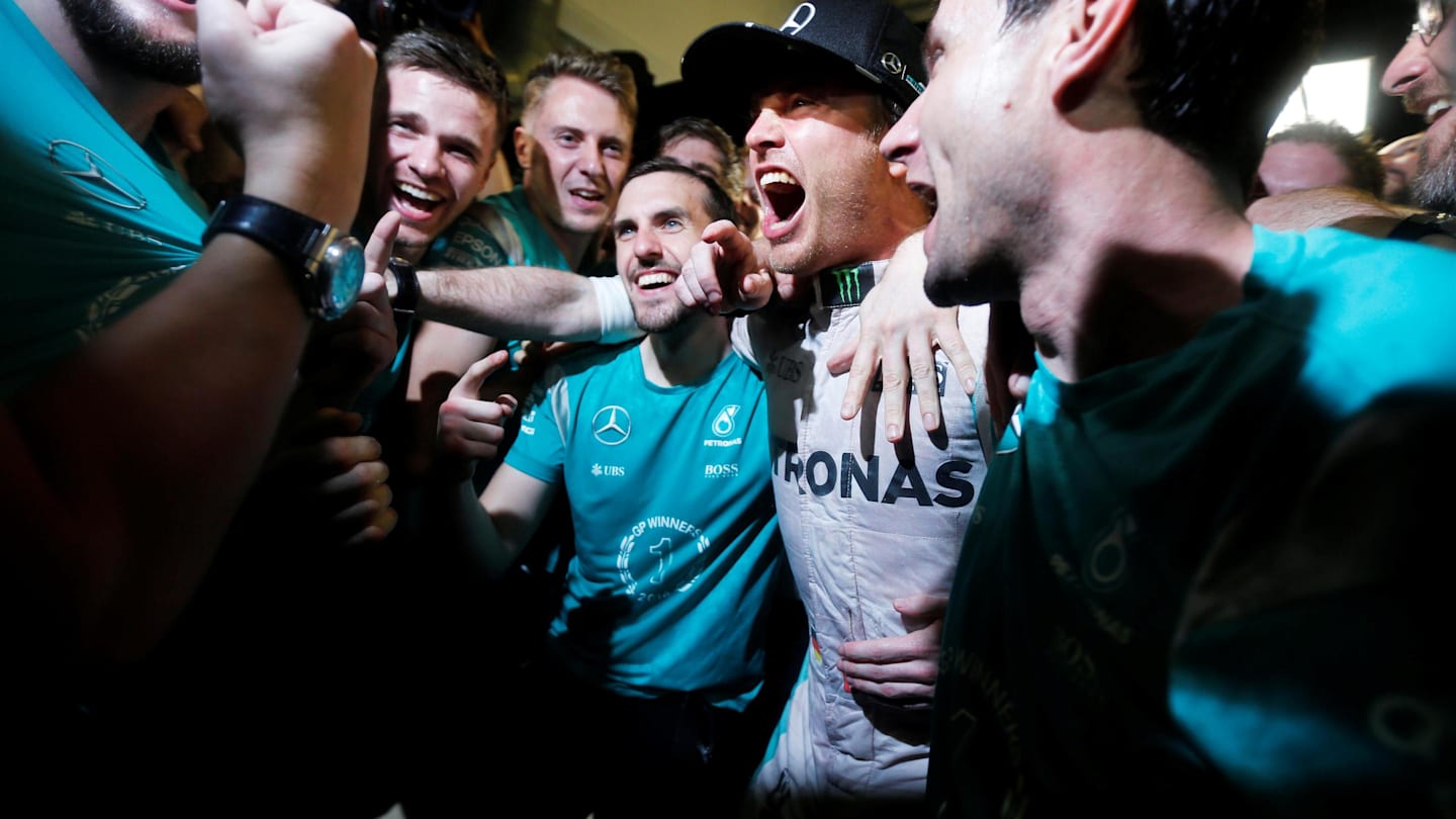 Nico Rosberg (GER) Mercedes AMG F1 celebrates with the team at Formula One World Championship, Rd21, Abu Dhabi Grand Prix, Race, Yas Marina Circuit, Abu Dhabi, UAE, Sunday 27 November 2016. © Sutton Images