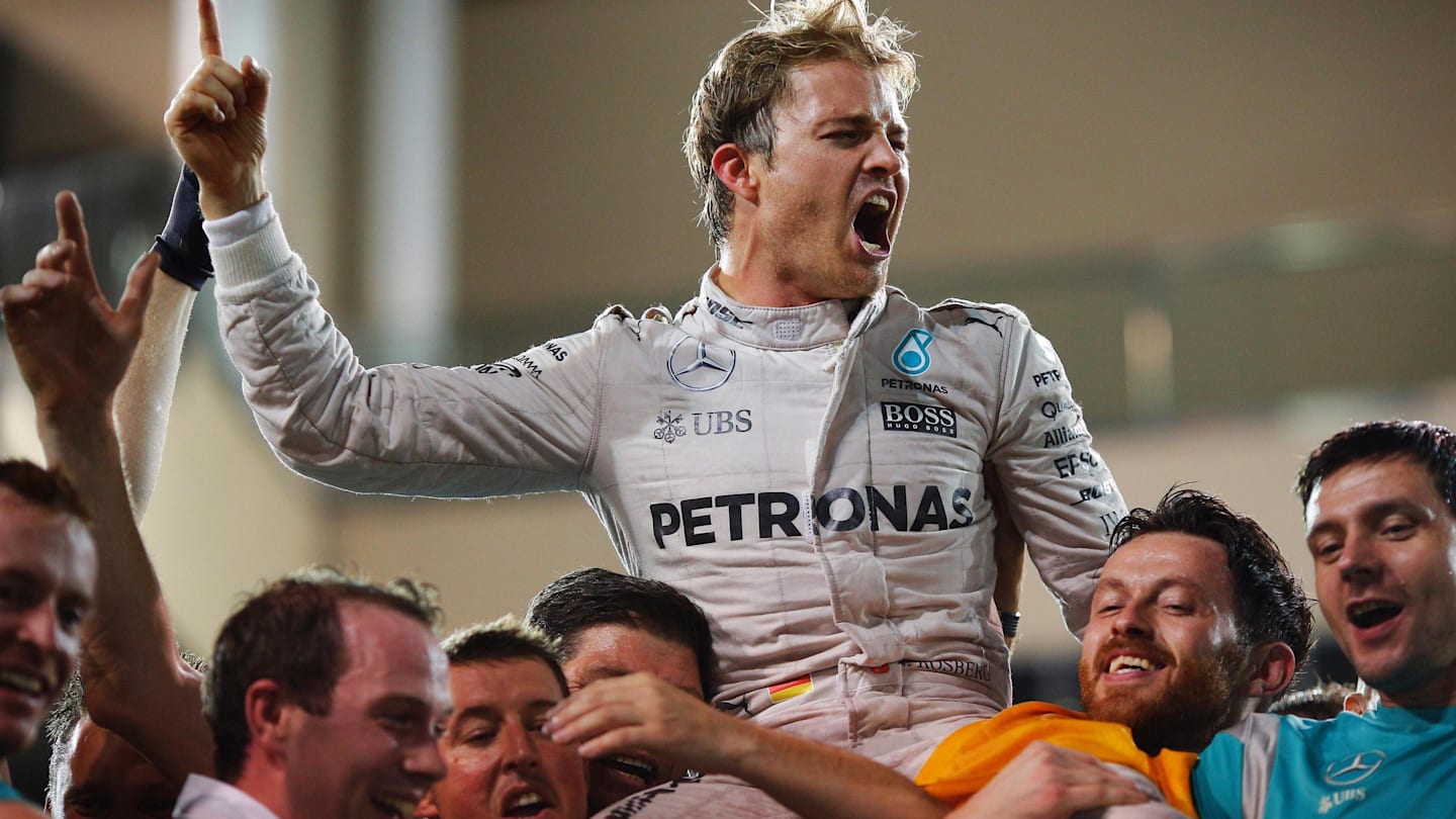 World Champion Nico Rosberg (GER) Mercedes AMG F1 celebrates with the team at Formula One World Championship, Rd21, Abu Dhabi Grand Prix, Race, Yas Marina Circuit, Abu Dhabi, UAE, Sunday 27 November 2016. © Sutton Images