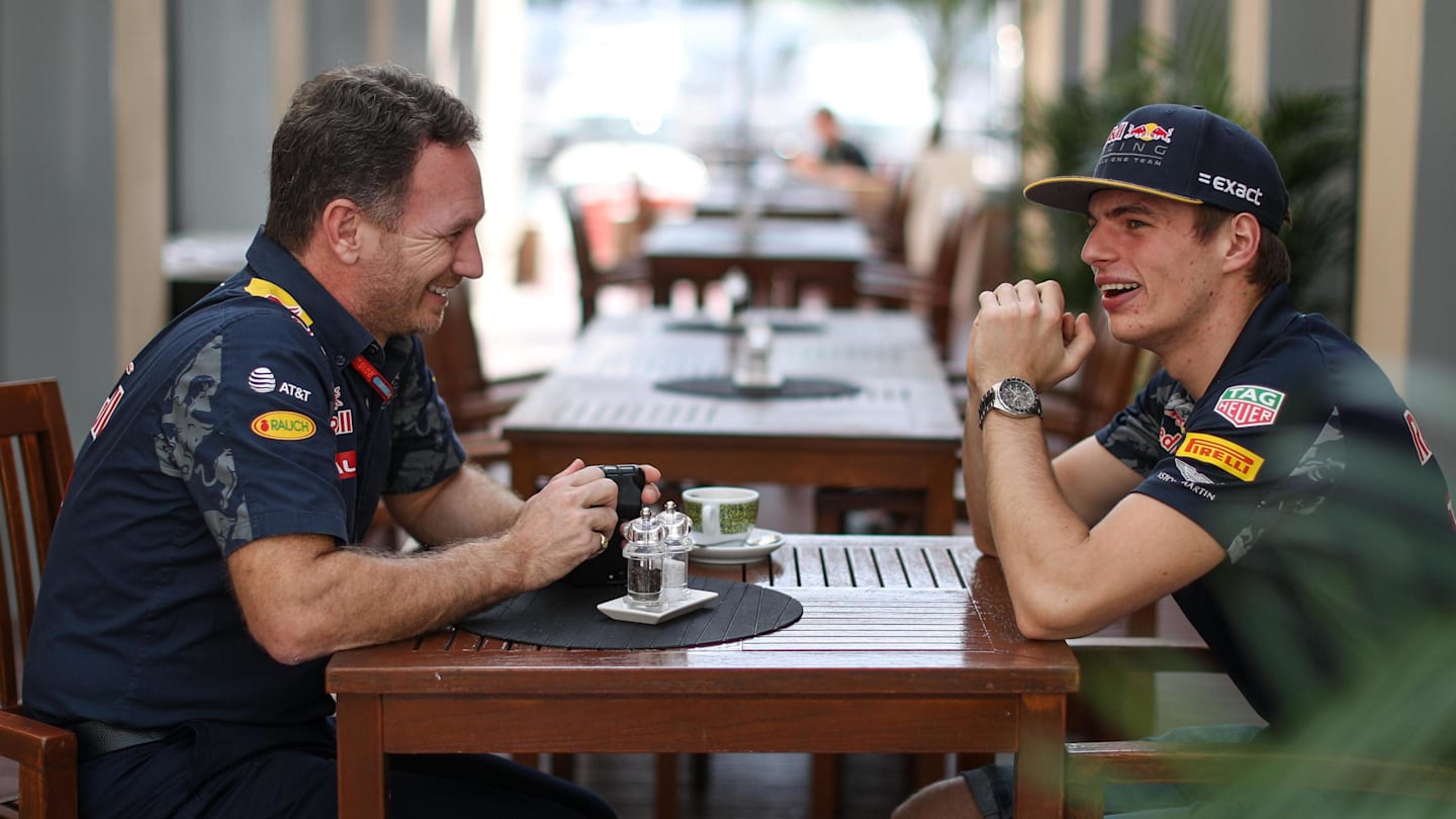 Christian Horner (GBR) Red Bull Racing Team Principal and Max Verstappen (NED) Red Bull Racing at Formula One World Championship, Rd21, Abu Dhabi Grand Prix, Race, Yas Marina Circuit, Abu Dhabi, UAE, Sunday 27 November 2016. © Sutton Images