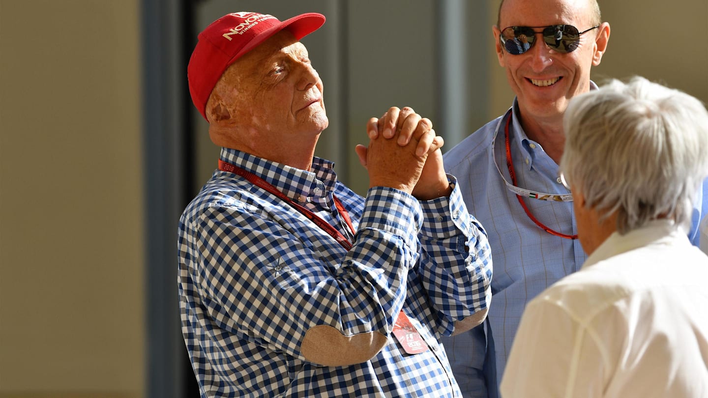 Niki Lauda (AUT) Mercedes AMG F1 Non-Executive Chairman, Donald Mackenzie (GBR) CVC Capital Partners Managing Partner - Co Head of Global Investments and Bernie Ecclestone (GBR) CEO Formula One Group (FOM) at Formula One World Championship, Rd21, Abu Dhabi Grand Prix, Race, Yas Marina Circuit, Abu Dhabi, UAE, Sunday 27 November 2016. © Sutton Images