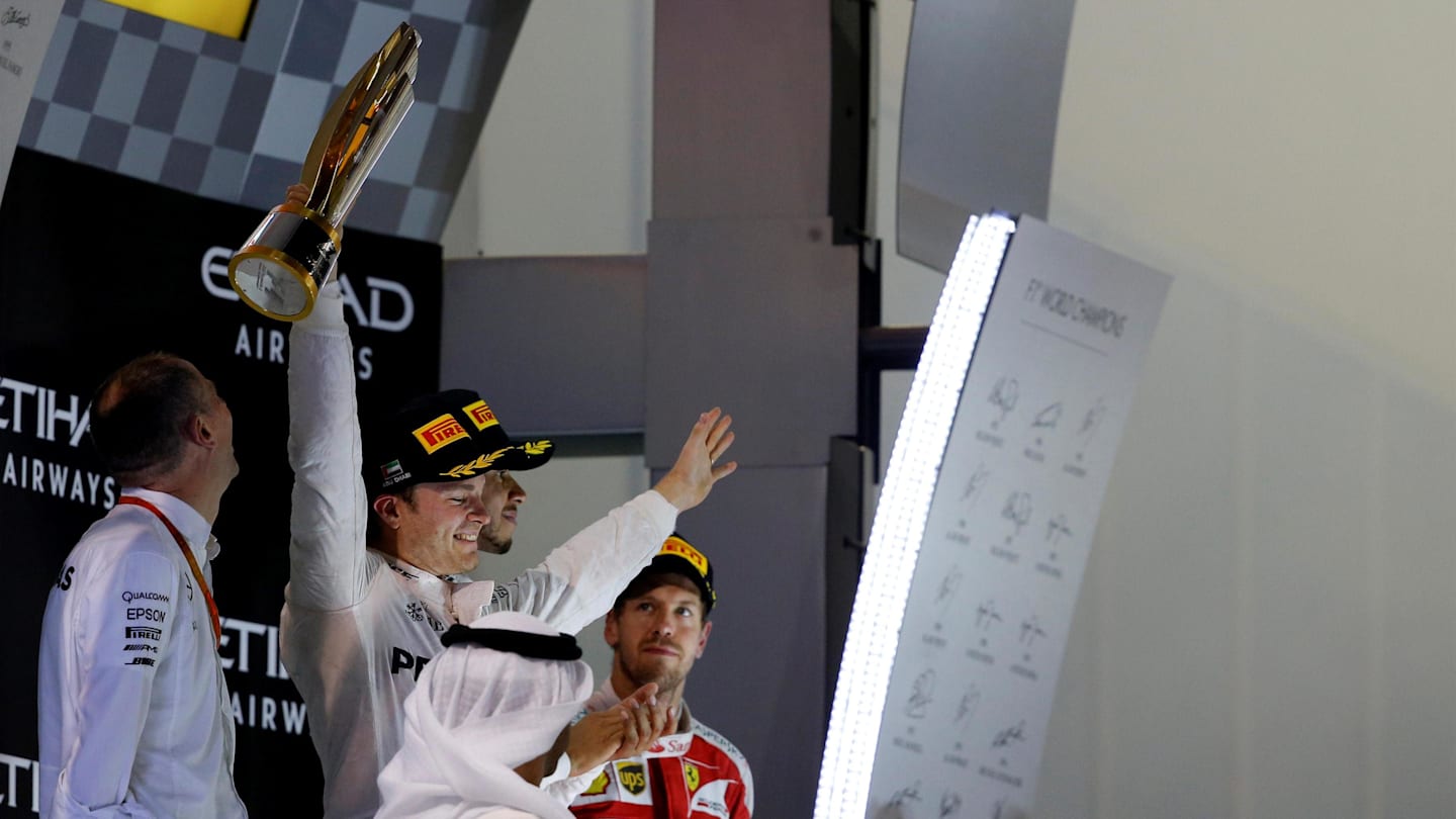 New World Champion Nico Rosberg (GER) Mercedes-Benz F1 W07 Hybrid celebrates on the podium at Formula One World Championship, Rd21, Abu Dhabi Grand Prix, Race, Yas Marina Circuit, Abu Dhabi, UAE, Sunday 27 November 2016. © Sutton Images