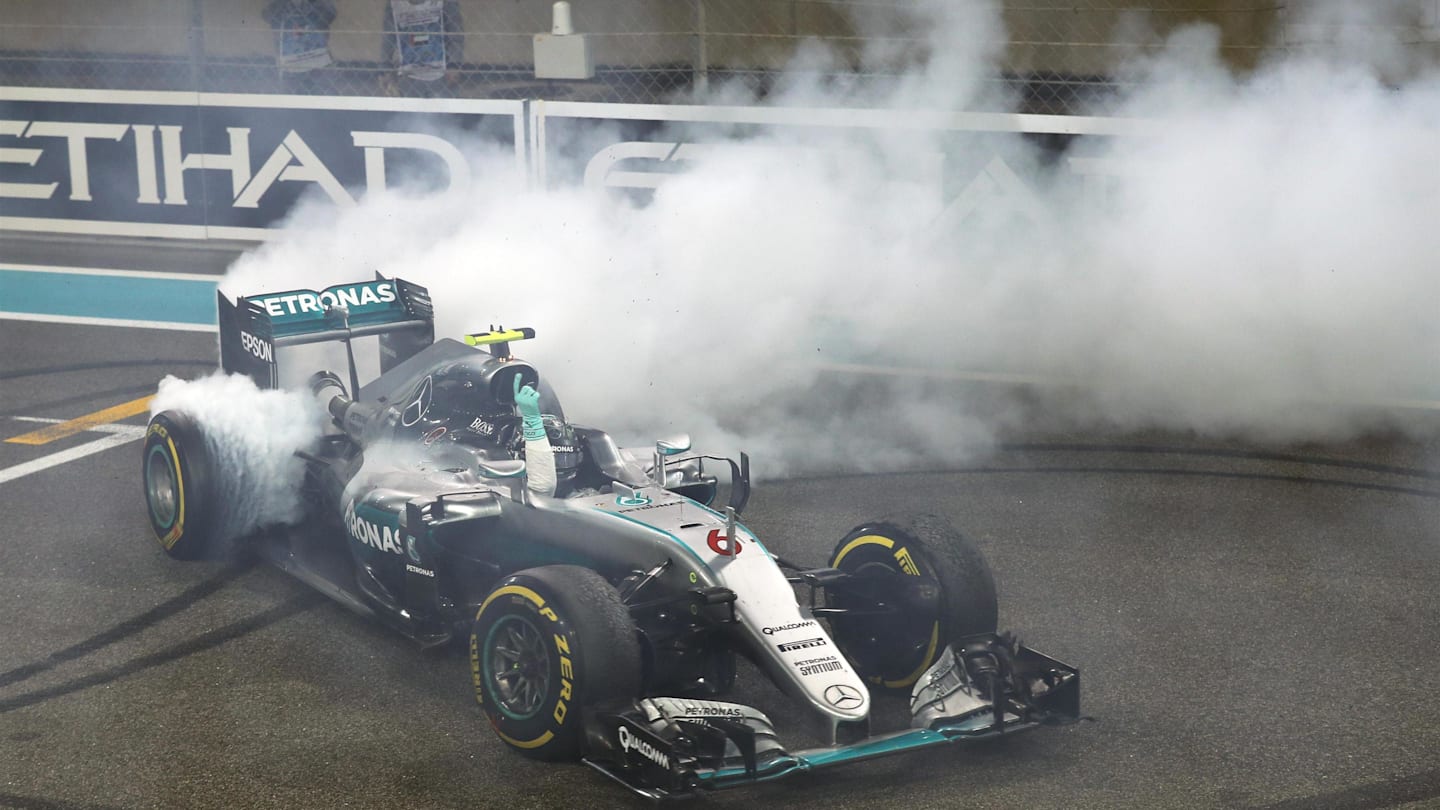 New World Champion Nico Rosberg (GER) Mercedes-Benz F1 W07 Hybrid celebrates at the end of the race with donuts at Formula One World Championship, Rd21, Abu Dhabi Grand Prix, Race, Yas Marina Circuit, Abu Dhabi, UAE, Sunday 27 November 2016. © Sutton Images