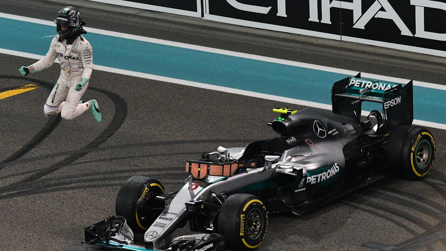 Nico Rosberg (GER) Mercedes-Benz F1 W07 Hybrid celebrates at the end of the race at Formula One