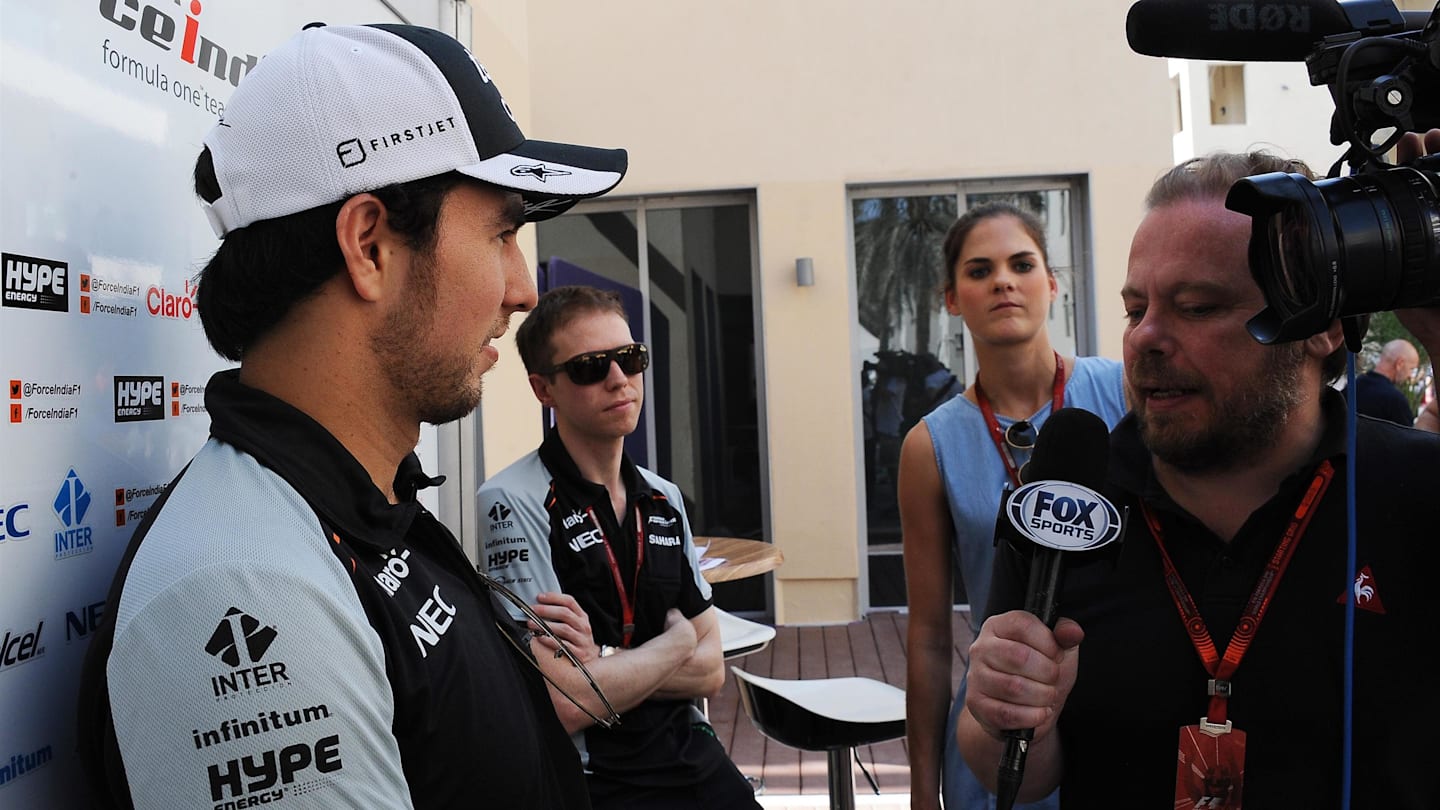 Sergio Perez (MEX) Force India talks with the media at Formula One World Championship, Rd21, Abu Dhabi Grand Prix, Preparations, Yas Marina Circuit, Abu Dhabi, UAE, Thursday 24 November 2016. © Sutton Images