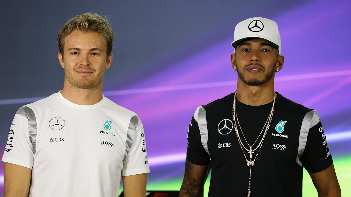 Lewis Hamilton (GBR) Mercedes AMG F1 and Nico Rosberg (GER) Mercedes AMG F1 in the Press Conference at Formula One World Championship, Rd21, Abu Dhabi Grand Prix, Preparations, Yas Marina Circuit, Abu Dhabi, UAE, Thursday 24 November 2016. © Sutton Images