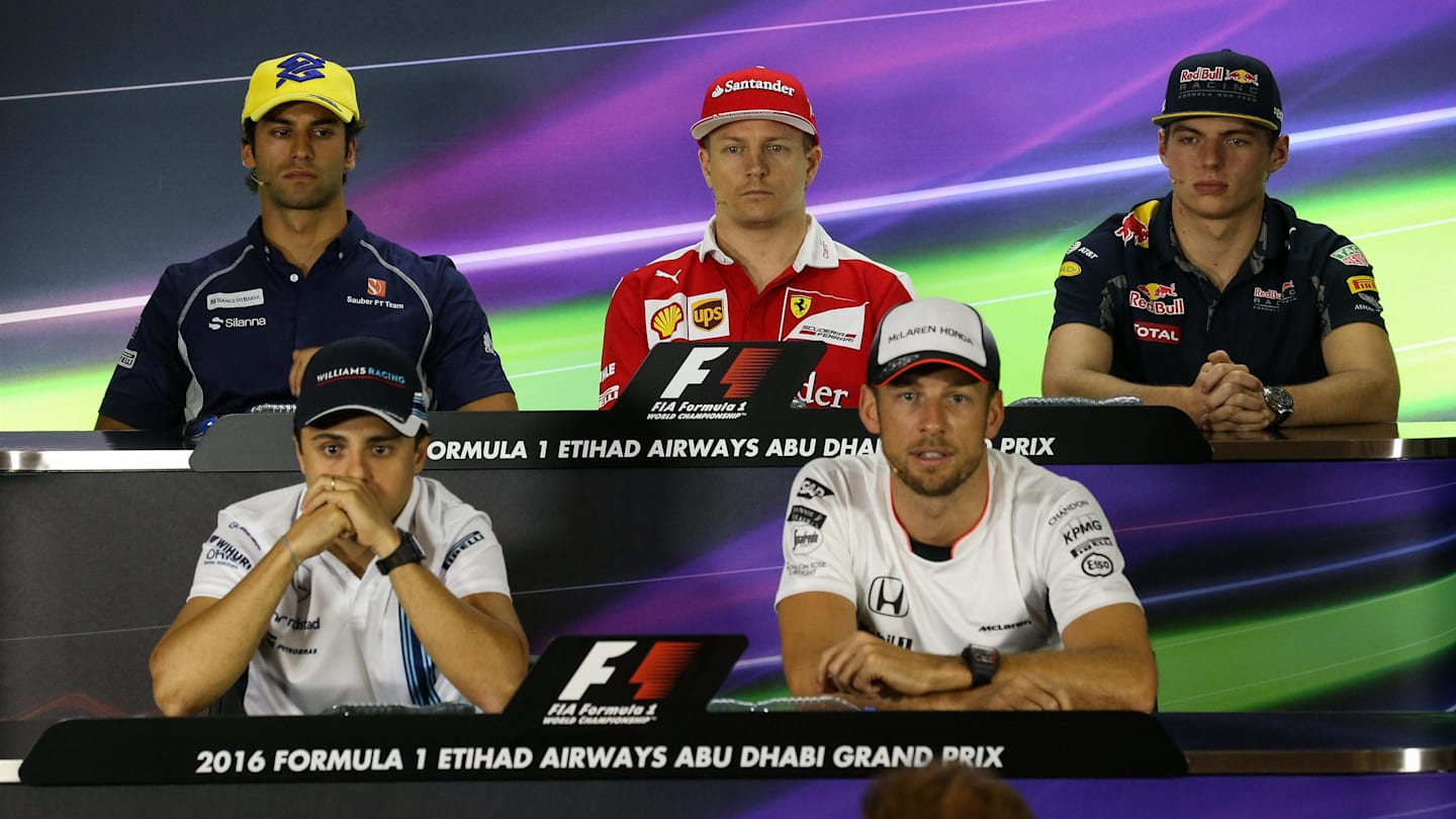 (L to R): Felipe Nasr (BRA) Sauber, Kimi Raikkonen (FIN) Ferrari, Max Verstappen (NED) Red Bull Racing, Felipe Massa (BRA) Williams and Jenson Button (GBR) McLaren in the Press Conference at Formula One World Championship, Rd21, Abu Dhabi Grand Prix, Preparations, Yas Marina Circuit, Abu Dhabi, UAE, Thursday 24 November 2016. © Sutton Images