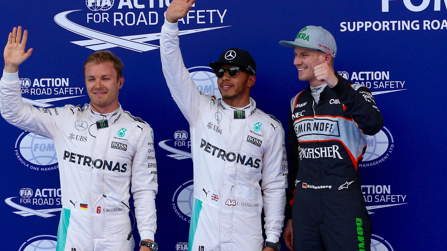 Nico Rosberg (GER) Mercedes AMG F1, pole sitter Lewis Hamilton (GBR) Mercedes AMG F1 and Nico