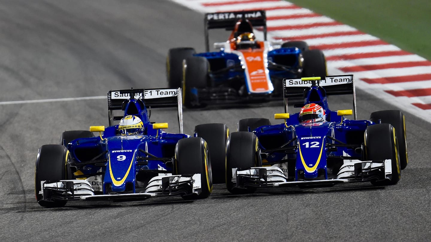 Marcus Ericsson (SWE) Sauber C35 and Felipe Nasr (BRA) Sauber C35 battle at Formula One World