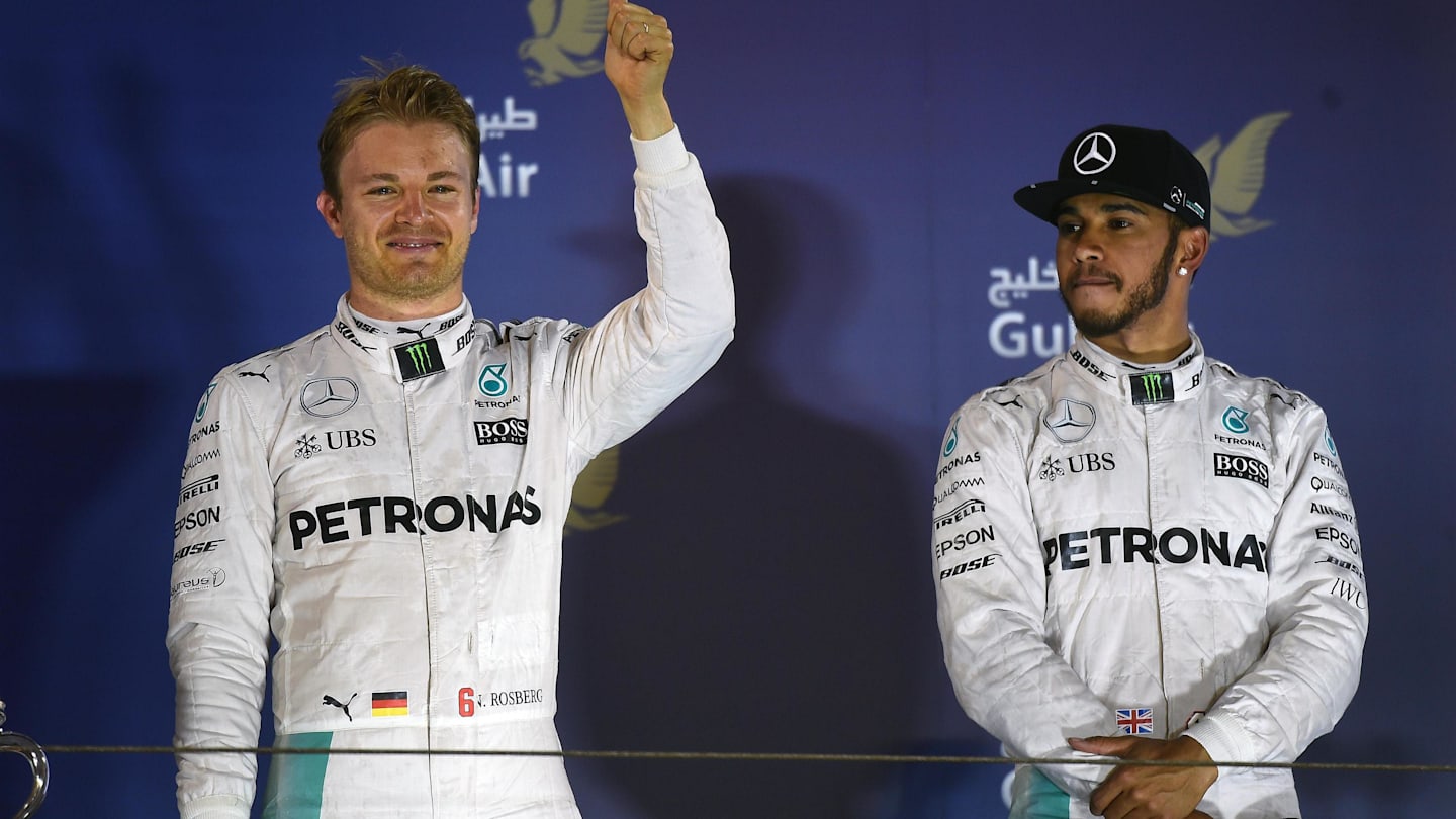 Nico Rosberg (GER) Mercedes AMG F1 and Lewis Hamilton (GBR) Mercedes AMG F1 on the podium at
