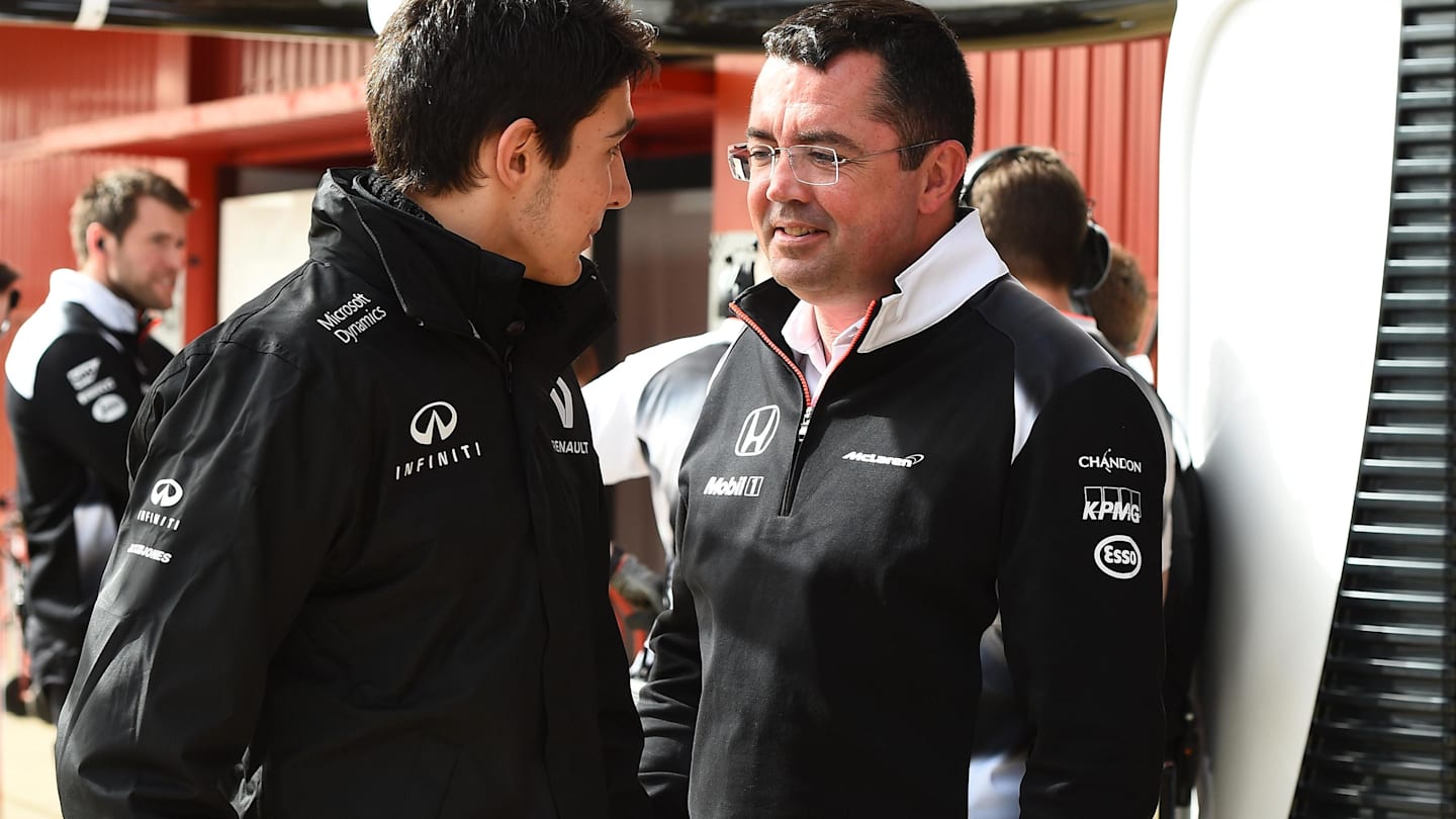 Esteban Ocon (FRA) Renault Sport F1 Team and Eric Boullier (FRA) McLaren Racing Director at Formula