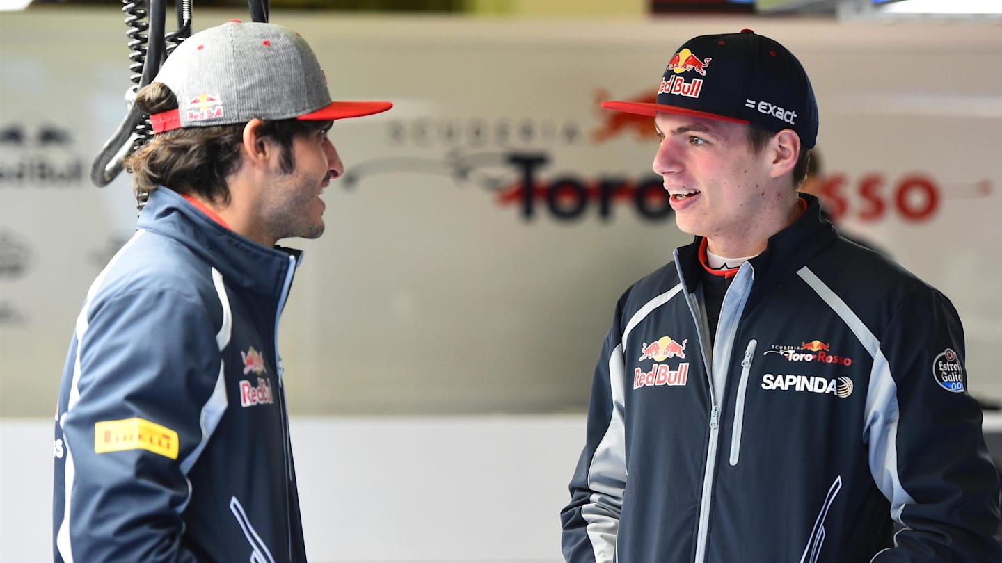 Carlos Sainz jr (ESP) Scuderia Toro Rosso and Max Verstappen (NED) Scuderia Toro Rosso at Formula