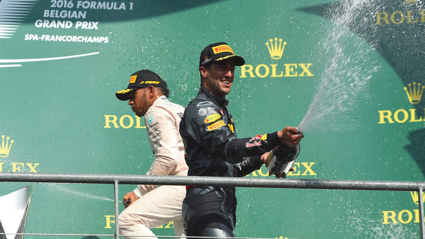 Daniel Ricciardo (AUS) Red Bull Racing and Lewis Hamilton (GBR) Mercedes AMG F1 celebrate on the