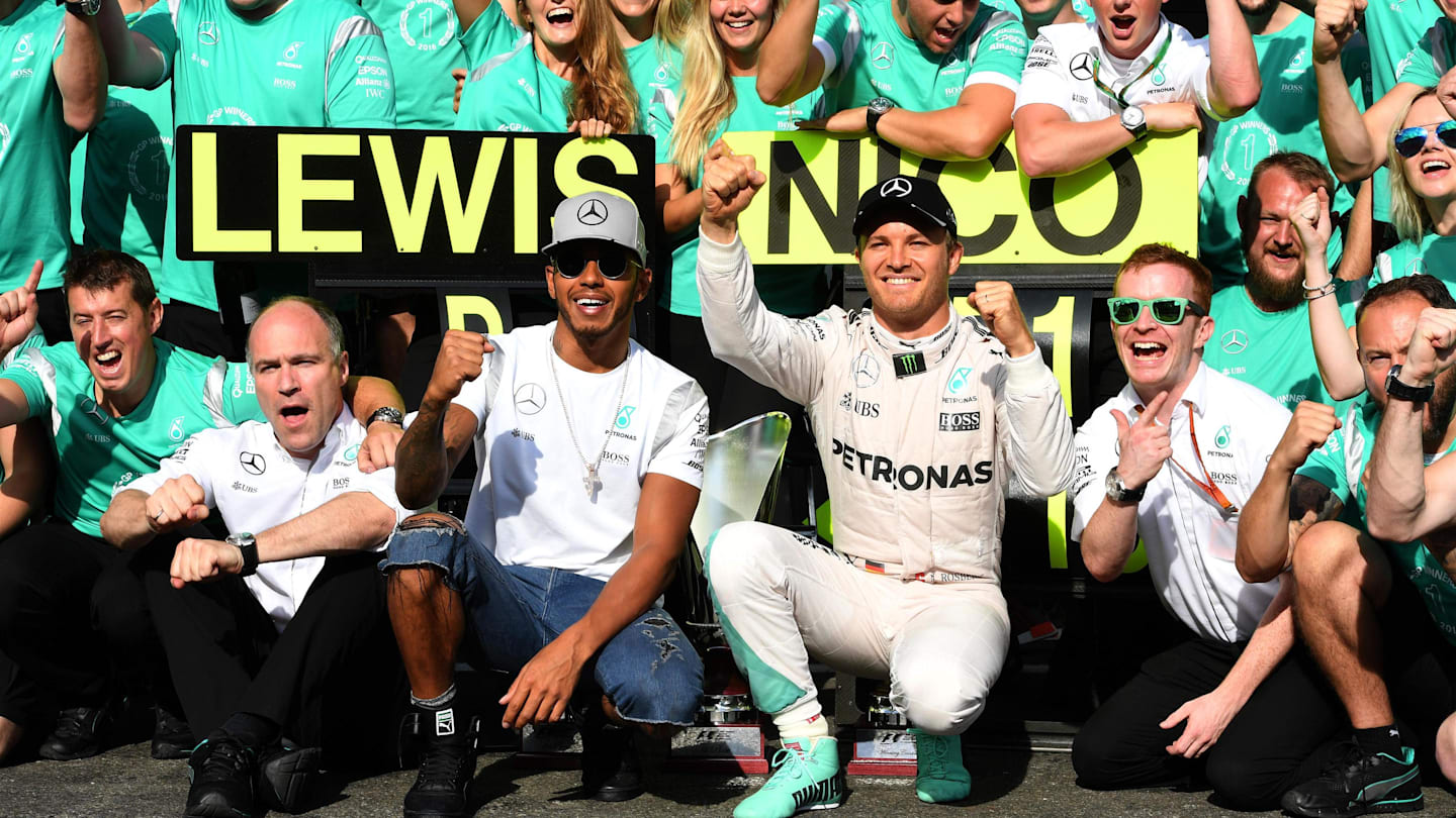 Race winner Nico Rosberg (GER) Mercedes AMG F1 celebrates with Lewis Hamilton (GBR) Mercedes AMG F1