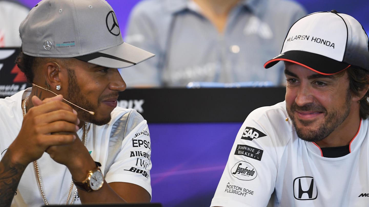 Lewis Hamilton (GBR) Mercedes AMG F1 and Fernando Alonso (ESP) McLaren in the Press Conference at Formula One World Championship, Rd13, Belgian Grand Prix, Preparations, Spa Francorchamps, Belgium, Thursday 25 August 2016. © Sutton Images