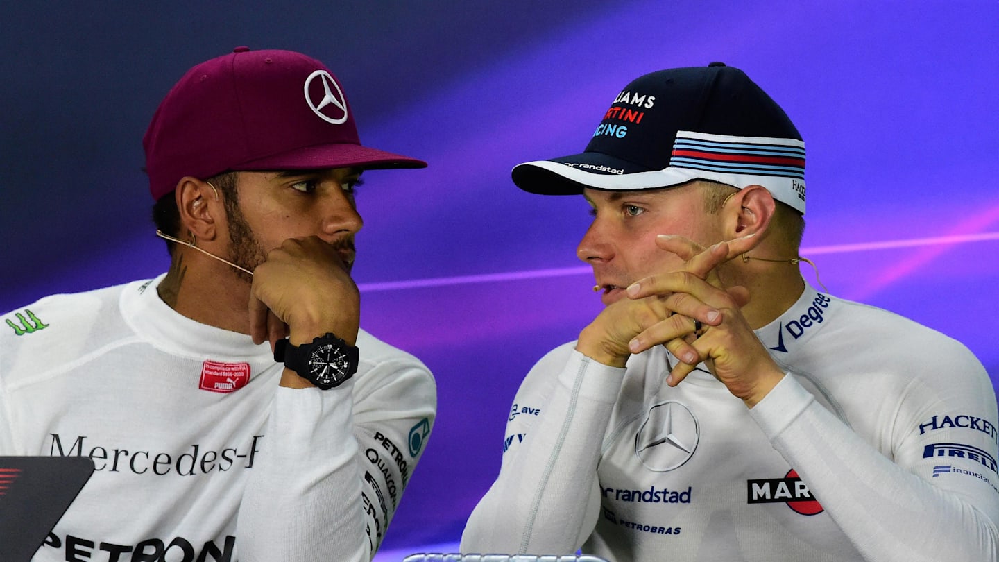 Lewis Hamilton (GBR) Mercedes AMG F1 and Valtteri Bottas (FIN) Williams in the Press Conference at