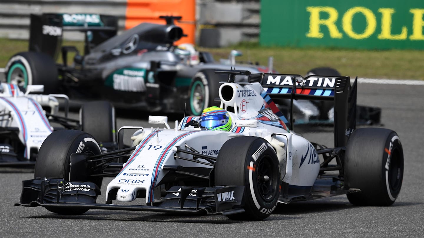 Felipe Massa (BRA) Williams FW38 leads Valtteri Bottas (FIN) Williams FW38 and Lewis Hamilton (GBR)
