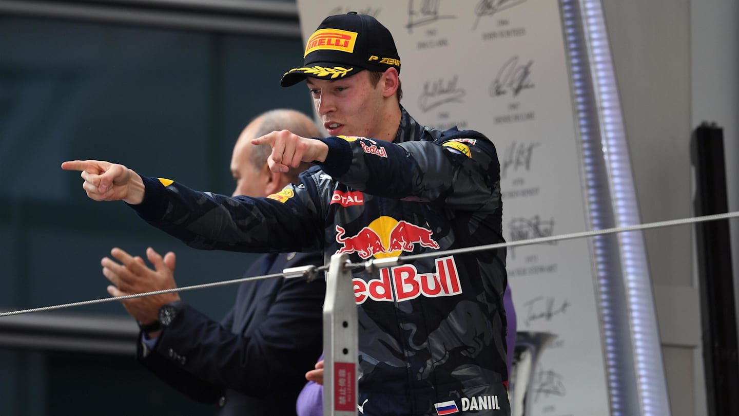 Daniil Kvyat (RUS) Red Bull Racing celebrates on the podium at Formula One World Championship, Rd3,