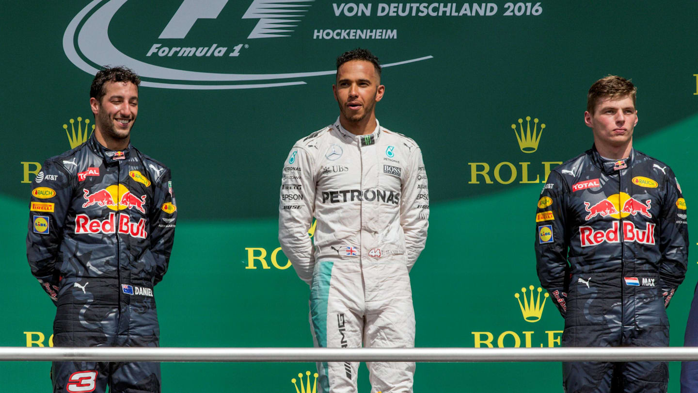 Daniel Ricciardo (AUS) Red Bull Racing, race winner Lewis Hamilton (GBR) Mercedes AMG F1 and Max Verstappen (NED) Red Bull Racing celebrate on the podium at Formula One World Championship, Rd12, German Grand Prix, Race, Hockenheim, Germany, Sunday 31 July 2016. © Sutton Images