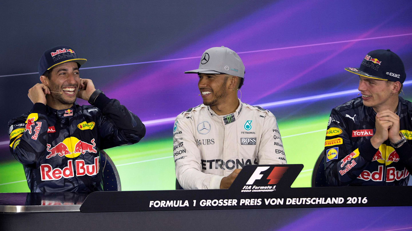 Daniel Ricciardo (AUS) Red Bull Racing, Lewis Hamilton (GBR) Mercedes AMG F1 and Max Verstappen (NED) Red Bull Racing in the Press Conference at Formula One World Championship, Rd12, German Grand Prix, Race, Hockenheim, Germany, Sunday 31 July 2016. © Sutton Images