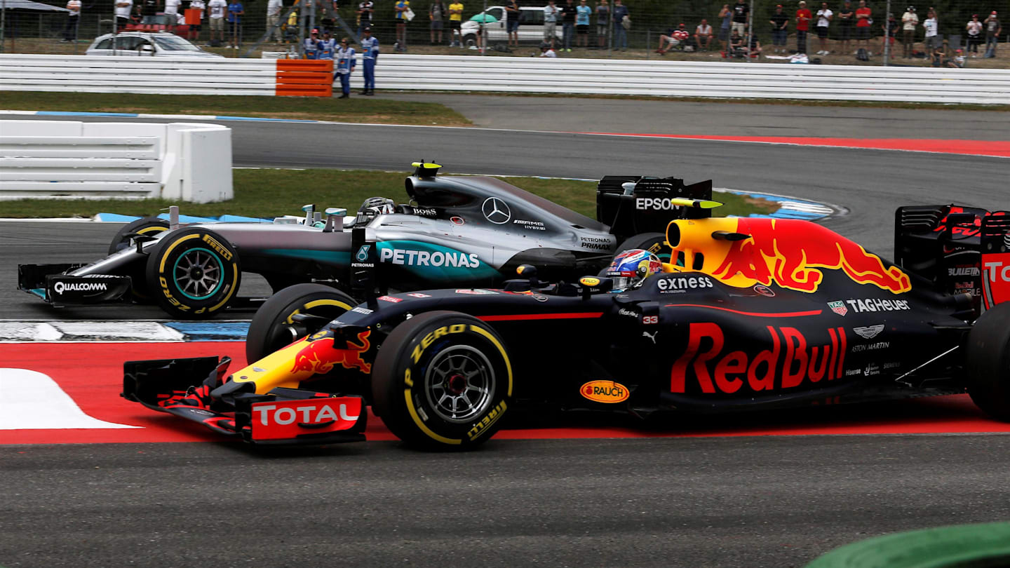 Nico Rosberg (GER) Mercedes-Benz F1 W07 Hybrid and Max Verstappen (NED) Red Bull Racing RB12 battle at Formula One World Championship, Rd12, German Grand Prix, Race, Hockenheim, Germany, Sunday 31 July 2016. © Sutton Images