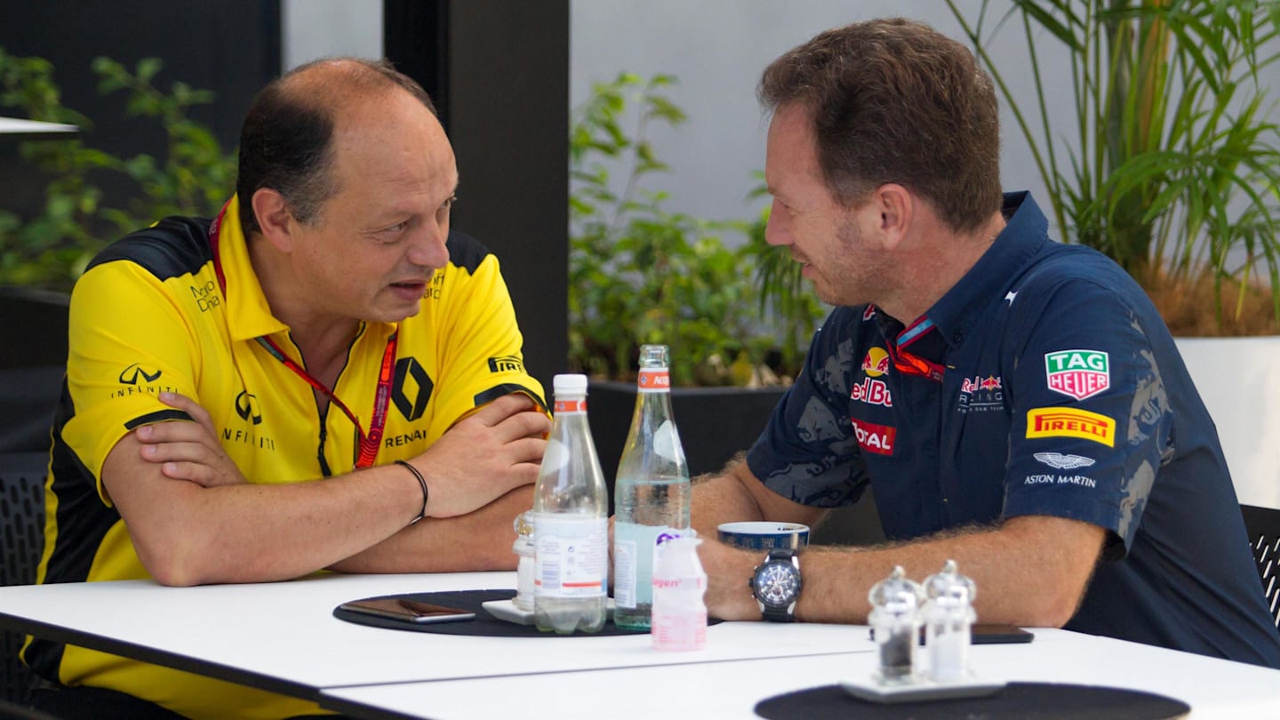 (L to R): Frederic Vasseur (FRA) Renault Sport F1 Team Racing Director and Christian Horner (GBR) Red Bull Racing Team Principal at Formula One World Championship, Rd16, Malaysian Grand Prix, Practice, Sepang, Malaysia, Friday 30 September 2016. © Sutton Images