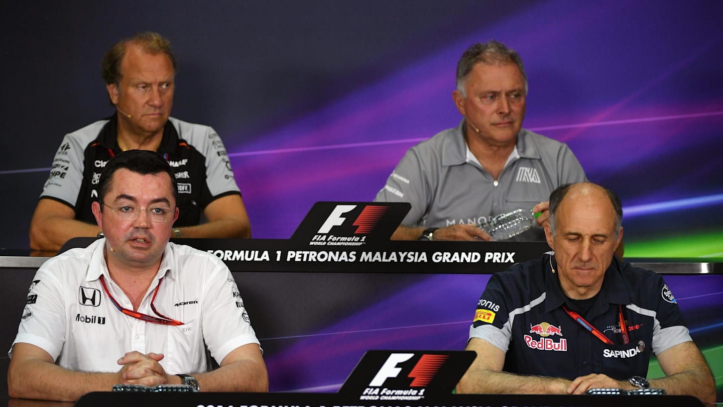 (L to R): Robert Fearnley (GBR) Force India F1 Team Deputy Team Principal, Dave Ryan (GBR) Manor Racing Racing Director, Eric Boullier (FRA) McLaren Racing Director and Franz Tost (AUT) Scuderia Toro Rosso Team Principal in the Press Conference at Formula One World Championship, Rd16, Malaysian Grand Prix, Practice, Sepang, Malaysia, Friday 30 September 2016. © Sutton Images