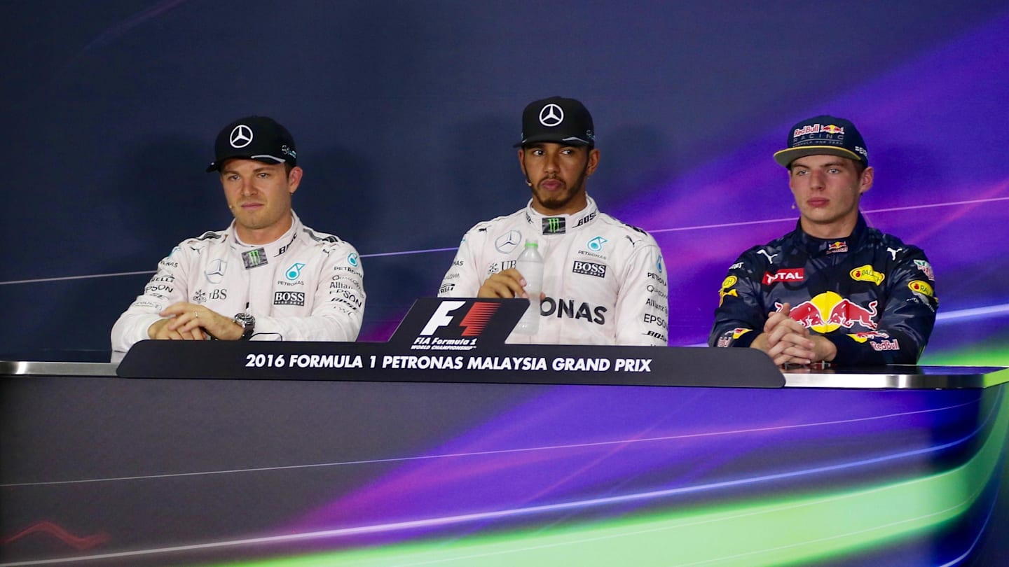 Nico Rosberg (GER) Mercedes AMG F1, pole sitter Lewis Hamilton (GBR) Mercedes AMG F1 and Max Verstappen (NED) Red Bull Racing in the Press Conference at Formula One World Championship, Rd16, Malaysian Grand Prix, Qualifying, Sepang, Malaysia, Saturday 1 October 2016. © Sutton Images