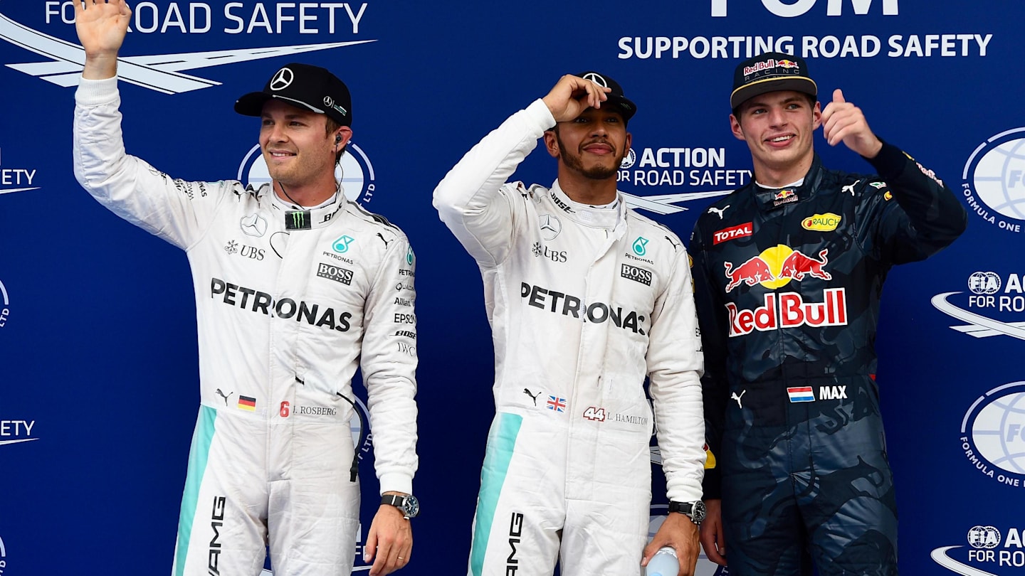 (L to R): Nico Rosberg (GER) Mercedes AMG F1, pole sitter Lewis Hamilton (GBR) Mercedes AMG F1 and Max Verstappen (NED) Red Bull Racing celebrate in parc ferme at Formula One World Championship, Rd16, Malaysian Grand Prix, Qualifying, Sepang, Malaysia, Saturday 1 October 2016. © Sutton Images