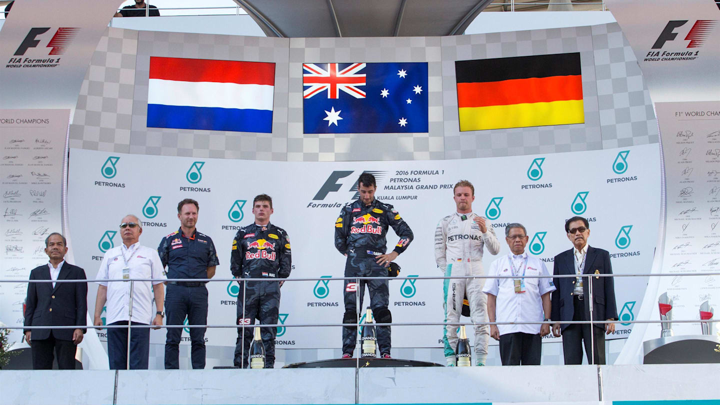 Christian Horner (GBR) Red Bull Racing Team Principal, Max Verstappen (NED) Red Bull Racing, race winner Daniel Ricciardo (AUS) Red Bull Racing and Nico Rosberg (GER) Mercedes AMG F1 celebrate on the podium at Formula One World Championship, Rd16, Malaysian Grand Prix, Race,  Sepang, Malaysia, Sunday 2 October 2016. © Sutton Images