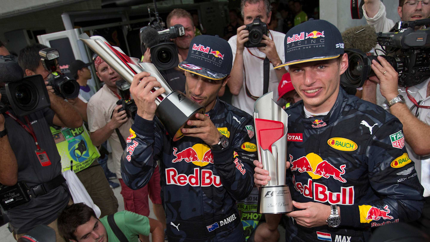 Race winner Daniel Ricciardo (AUS) Red Bull Racing and Max Verstappen (NED) Red Bull Racing